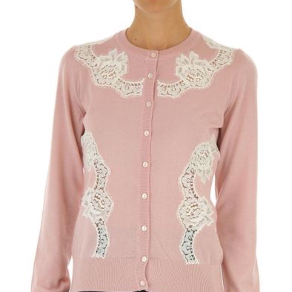 Dolce & Gabbana Pink / Nude Cashmere Silk Blend Cardigan With Lace